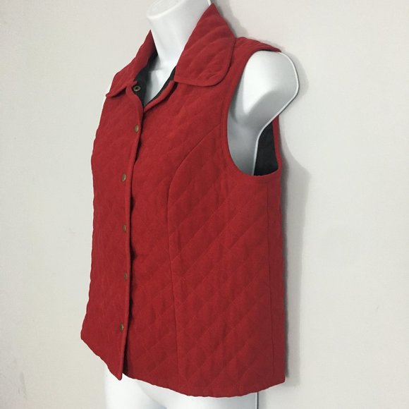 Talbots Womens Petites Stretch Red Quilted Gold Snap Front Polyester Blend Vest - Picture 3 of 7